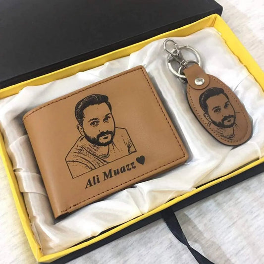 PERSONALIZED/CUSTOMIZE NAME AND PICTURE ENGRAVED WALLET AND KEYCHAIN WITH BOX