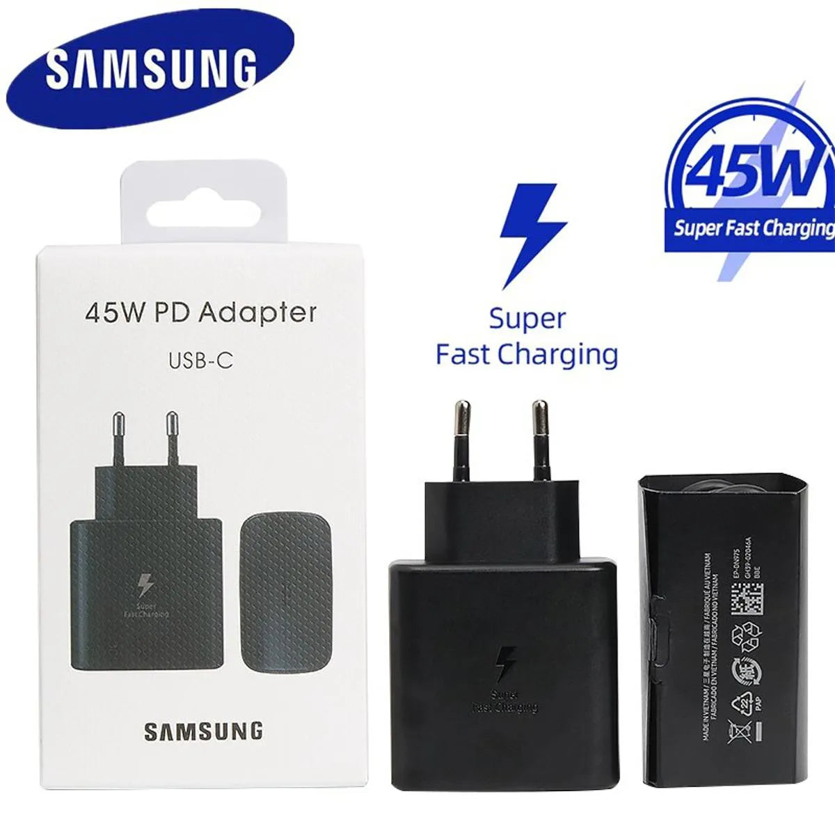 Original Samsung 45W Super Fast Charger with Type-C Cable | PD Charger for All Phones - Global Certified