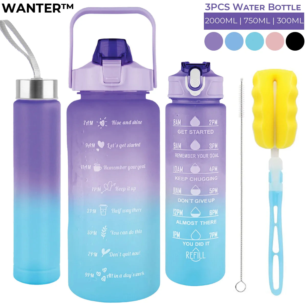 3pcs Motivational Water Bottle Set – Gradient, BPA-Free & Portable